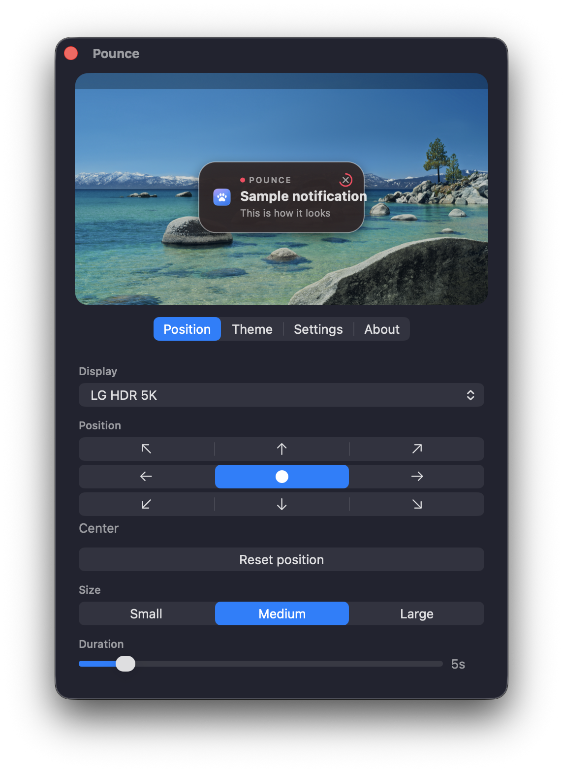 The Pounce settings window. The preview shows a notification card in the middle of the screen, with a grid for picking one of nine positions.